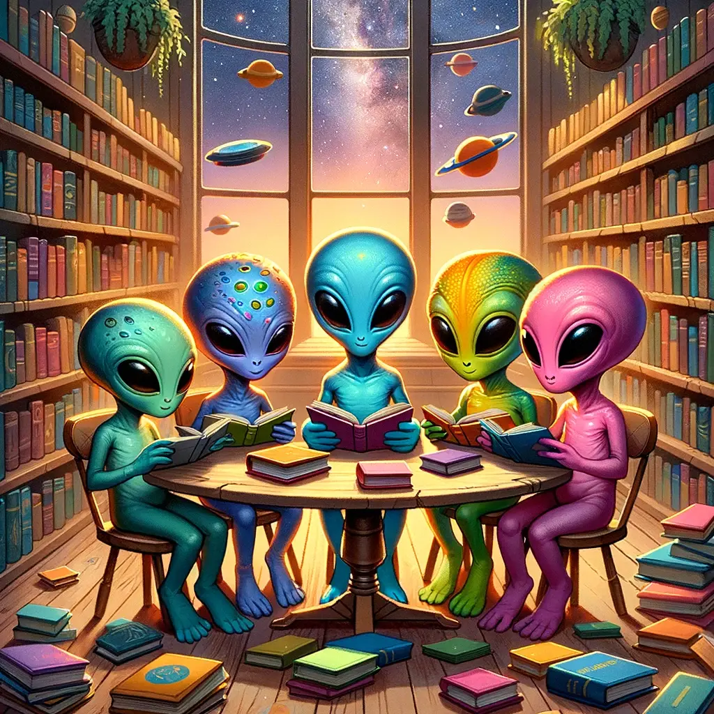 humanoid aliens reading books in a library