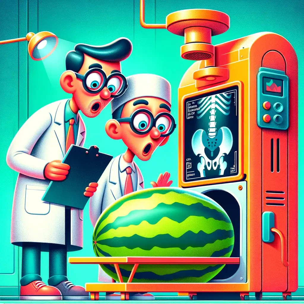 a cartoon of a watermelon being x rayed as two scientists watch